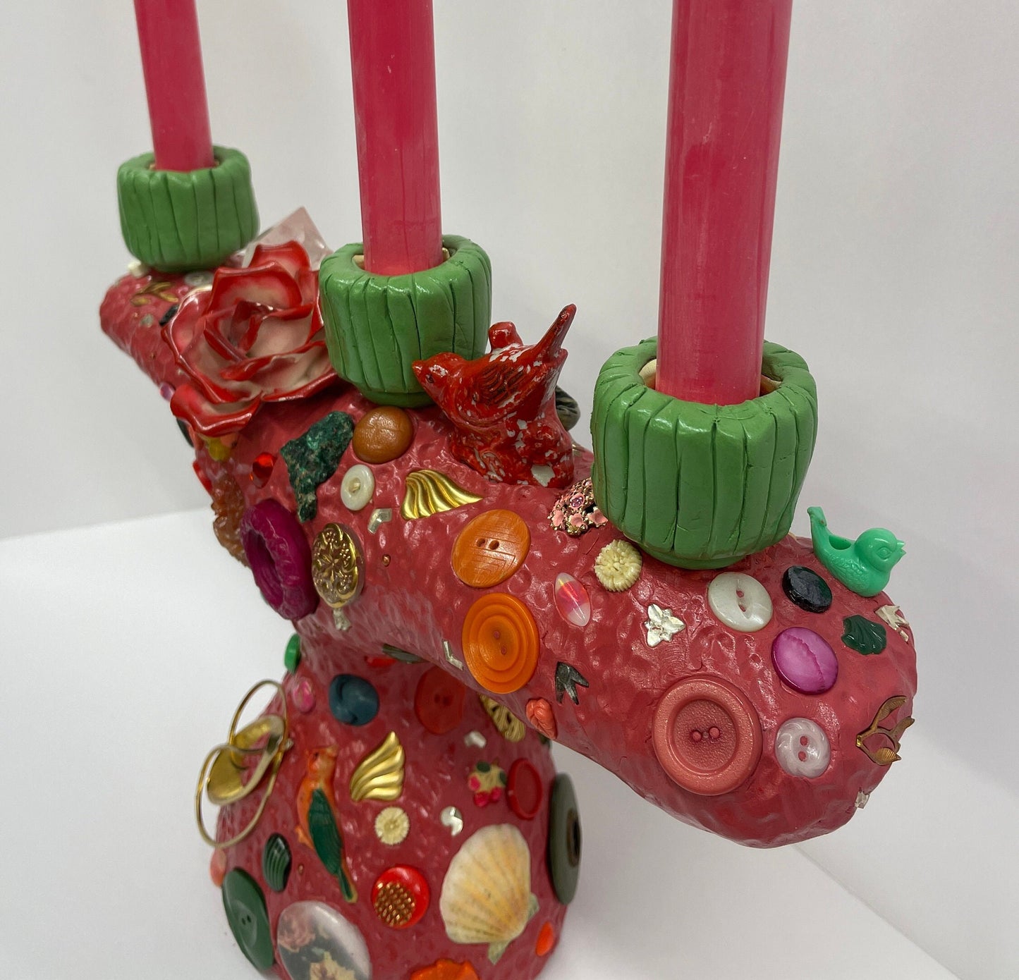 Curious Candelabra: Pink with Red Bird