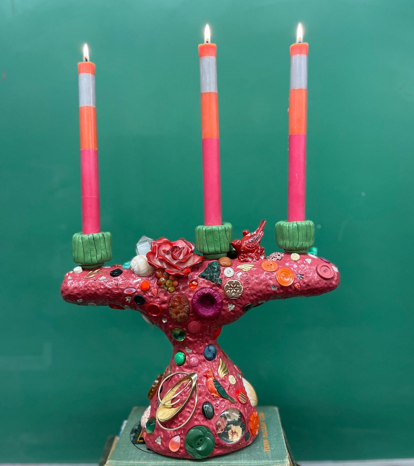 Curious Candelabra: Pink with Red Bird